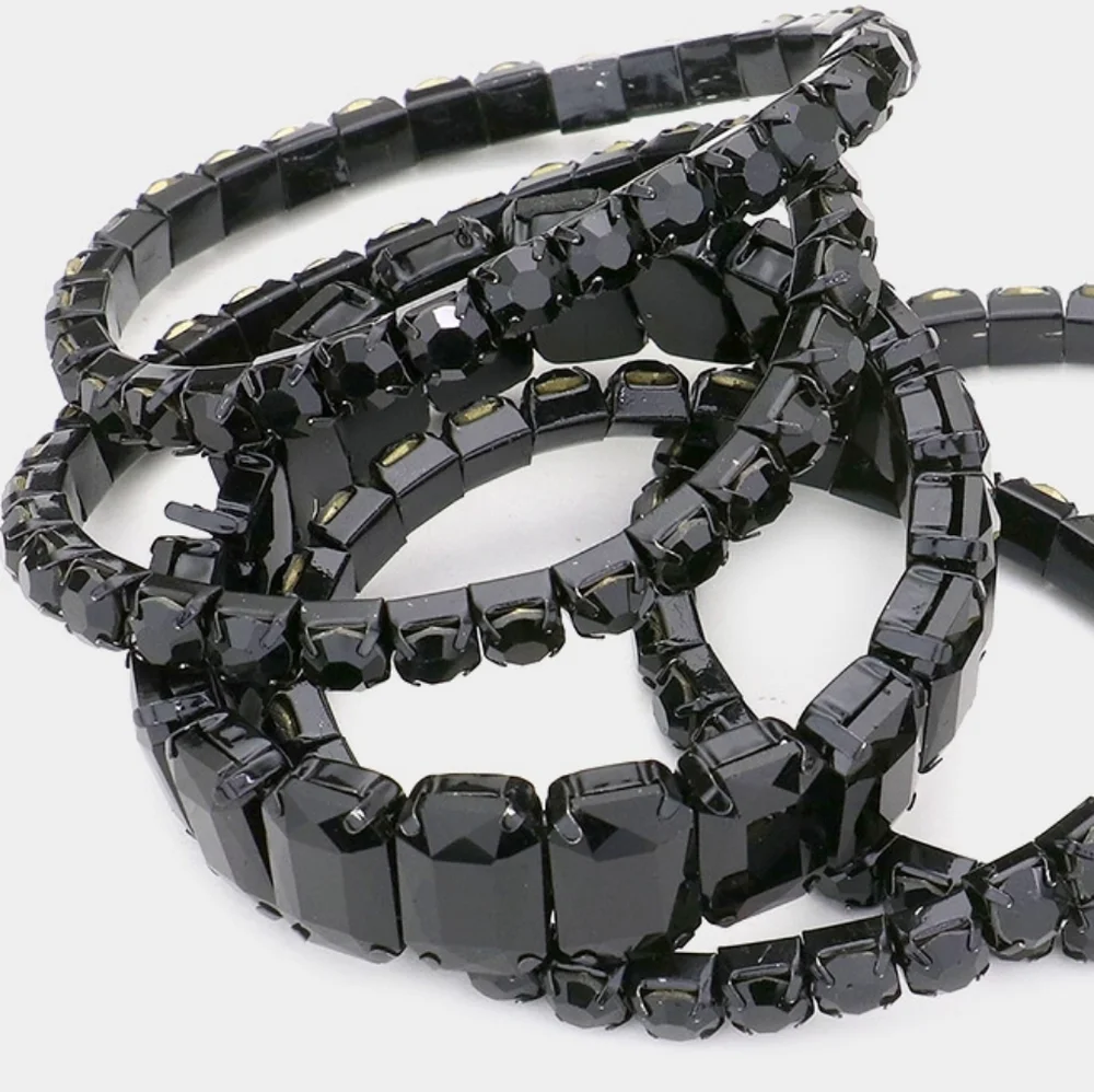 Black Emerald Cut Crystal Wide Stretch Bracelet 5 Pcs Bling 1.75 Inches